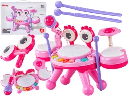 Mini batería educativa cangrejo con pianito y micrófono rosa - 1 unidad