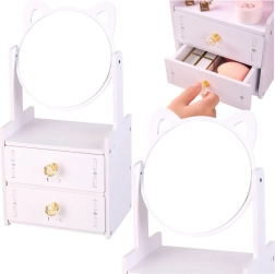 Mini tocador con espejo redondo y orejitas de gato, 2 cajones, madera blanca