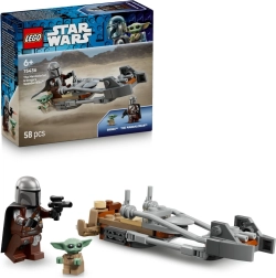 LEGO Star Wars Mandalorian y Grogu en una moto speeder