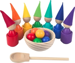 Muñecos Montessori arcoíris con bolitas y vasitos 7 colores
