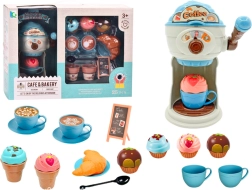 Dulces delicias: cafetería de café con máquina para hacer helados, tazas y muffins