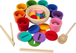 Set Montessori de madera: bolitas arcoíris, monedas y vasitos (8 colores)
