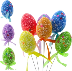 Huevos de Pascua de colores en alambre con motivos blancos y cinta, 6 uds.