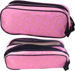 Estuche escolar rosa con corazones dorados, de dos compartimentos
