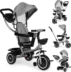Triciclo infantil tipo cochecito 2 en 1, asiento giratorio y capota plegable, gris ECOTOYS