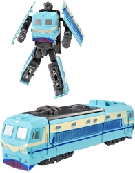 Robot metálico transformable en una locomotora azul