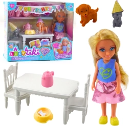 Set de cumpleaños con muñeca, perrito y gatito: mesa y accesorios para la celebración