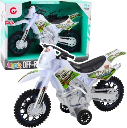 Moto de motocross blanca off-road con efectos de luz y sonido