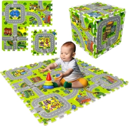 Alfombra de espuma para niños 90 × 90 cm – ciudad y carreteras, 9 piezas