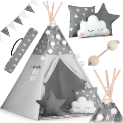 Teepee infantil NUKIDO con luces y guirnalda – gris con estrellitas