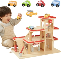 Garajes de estacionamiento de madera con ascensor y vehículos VIGA