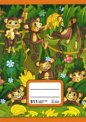 Cuaderno escolar A5 con monitos, rayado, 10 hojas, 20 mm, 2 líneas auxiliares