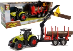 Tractor con remolque forestal, troncos y brazo giratorio