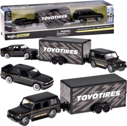 Juego Maisto de modelos metálicos 1:64 mercedes-benz g (1988) y bmw m3 e30 con remolque