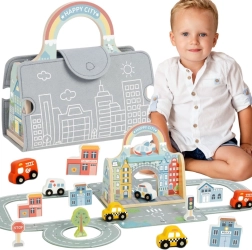Tooky Toy mini ciudad portátil – set de madera con carreteras y cochecitos