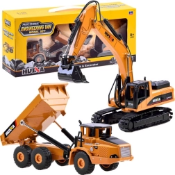Set metálico de vehículos de construcción: excavadora de orugas y camión volquete 2 en 1