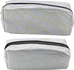 Estuche escolar plateado con corazones dorados