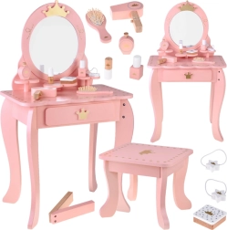 Tocador real de madera con espejo, taburete y accesorios para niños