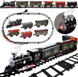 Tren eléctrico con locomotora de vapor, vapor y luz