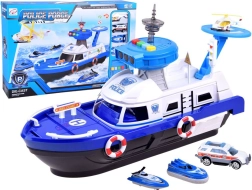 Barco policial con helipuerto y vehículos – set de juego