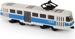 Tranvía azul de transporte público con mecanismo de fricción y puertas abatibles