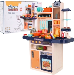 Cocina infantil con grifo de agua y quemador de vapor, panel de audio, 65 piezas – Azul