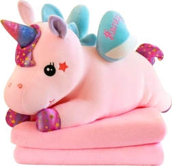 Unicornio de peluche con manta 3 en 1, rosa, 55 cm