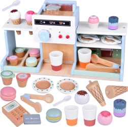 Cafetería y heladería de madera: juguete con cafetera y postres