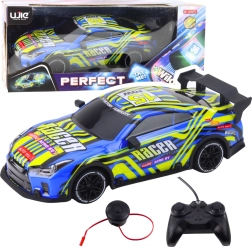 Coche deportivo RC azul‑amarillo con luces y sonidos