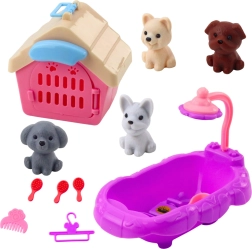 Set de cuidado de perritos con bañera, caseta y accesorios, 4 figuras