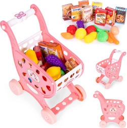 Carrito de la compra infantil rosa con 18 accesorios para jugar a la tienda y a la cocina