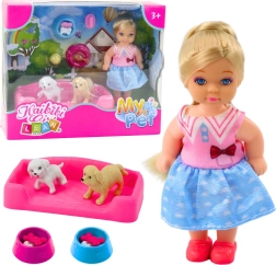 Mini muñeca con dos perritos y cuencos