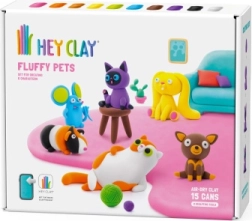 Hey Clay set creativo Fluffy Pets – mascotas de masa ligera autoendurecible (15 botes)