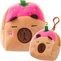 Monedero de peluche de capibara con fresa rosa y clip 9,5 × 8 cm