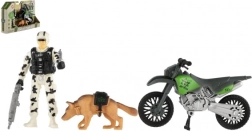 Set de acción militar con moto, soldado y perro