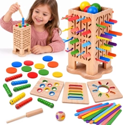 Juego educativo de madera 5 en 1 con torre, canicas y varillas