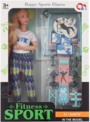 Muñeca articulada con accesorios de fitness