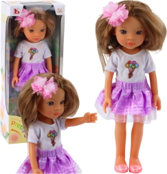 Muñeca Pretty Girl con falda morada y pelo largo castaño