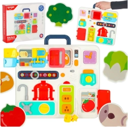 Tablero Montessori manipulativo con elementos de cocina y reloj para aprender