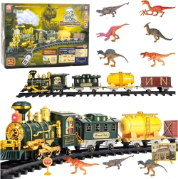Circuito clásico de tren eléctrico con dinosaurios y control remoto RC, luces, sonidos y humo – 39 piezas