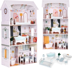 Casa de muñecas Alice: 3 plantas, 4 habitaciones, set con 9 piezas de muebles Ecotoys