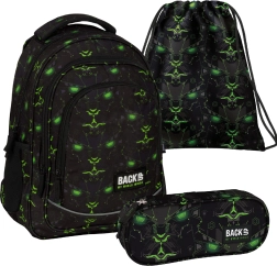 Set escolar BackUP Monster Green 3 en 1: mochila, estuche y bolsa