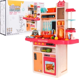 Cocina infantil con grifo de agua y quemador de vapor, panel de audio, 65 piezas – Rosa