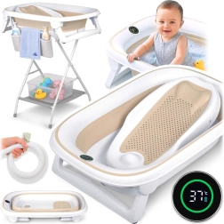 Bañera infantil plegable Nukido con soporte, termómetro e inserto para recién nacidos – Blanco-beige