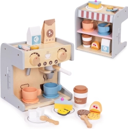 Cafetera de madera para niños 2 en 1 con cafetería y 26 accesorios ECOTOYS