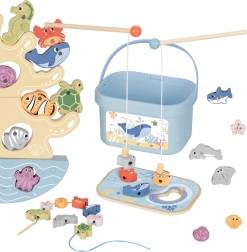 Juego marino de madera 3 en 1: torre de equilibrio, pesca magnética y ensartado – 23 piezas