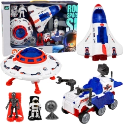 Set espacial con OVNI, transbordador, vehículo de exploración y astronautas