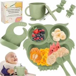 Juego de comedor infantil de silicona búho, 8 piezas, verde