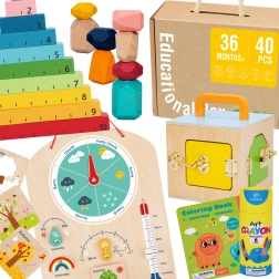 Caja educativa Montessori 6 en 1 de Tooky Toy: caja con cierres, piedras de equilibrio, tablero del tiempo, conteo 1–10, láminas para colorear y librito