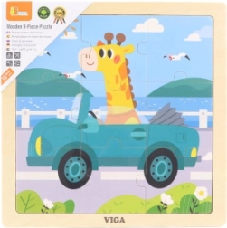 Puzzle de madera con jirafa en coche, 9 piezas